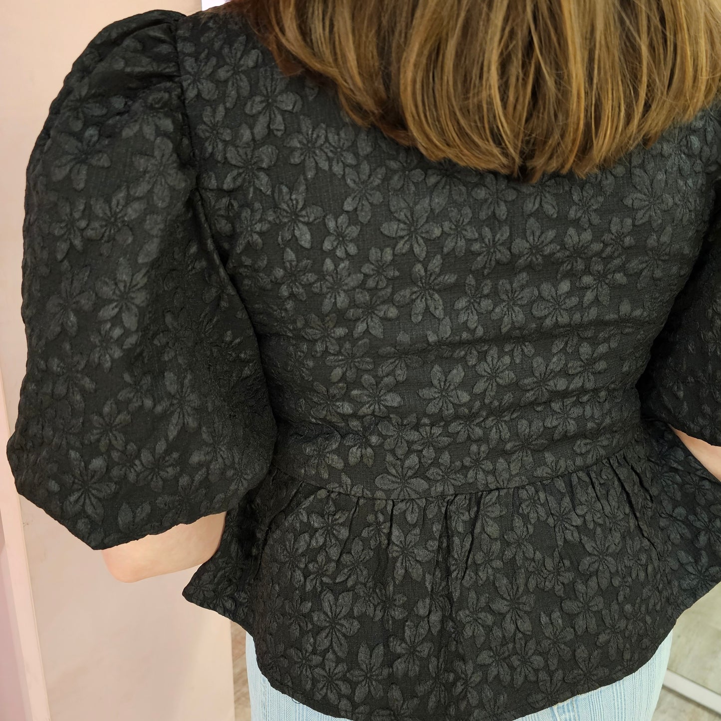 Strikblouse flowers 3831 Zwart