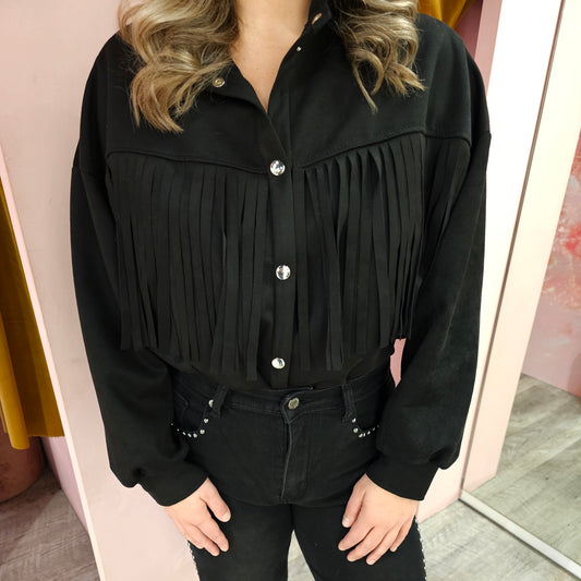 Suedine franjeblouse 87041 Zwart