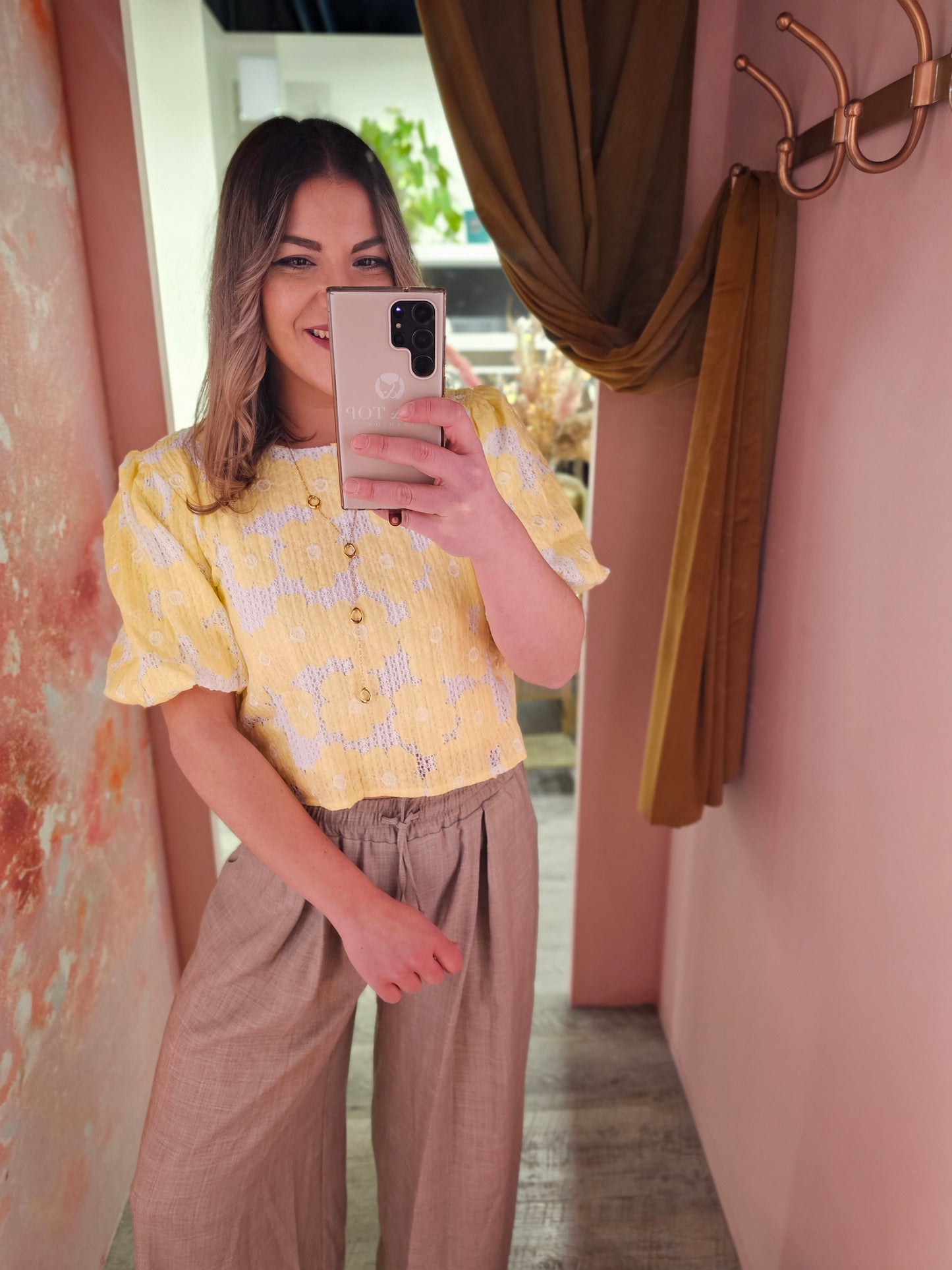 Cropblouse pofmouw 24214 Geel