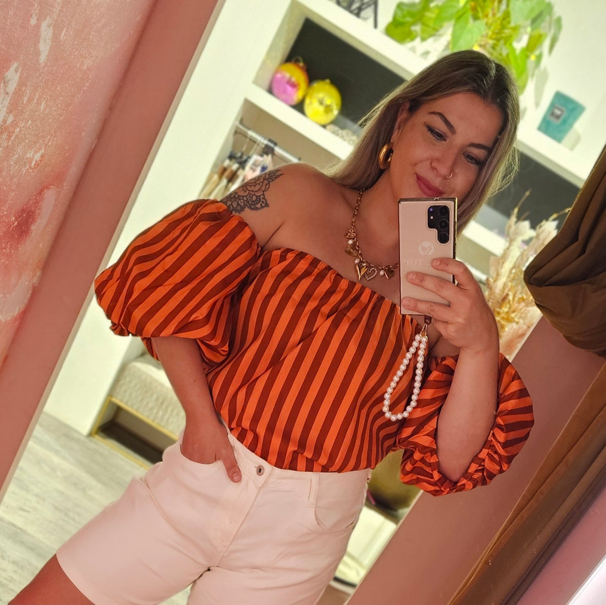 Off shoulder top stripes 1562-1 Oranje