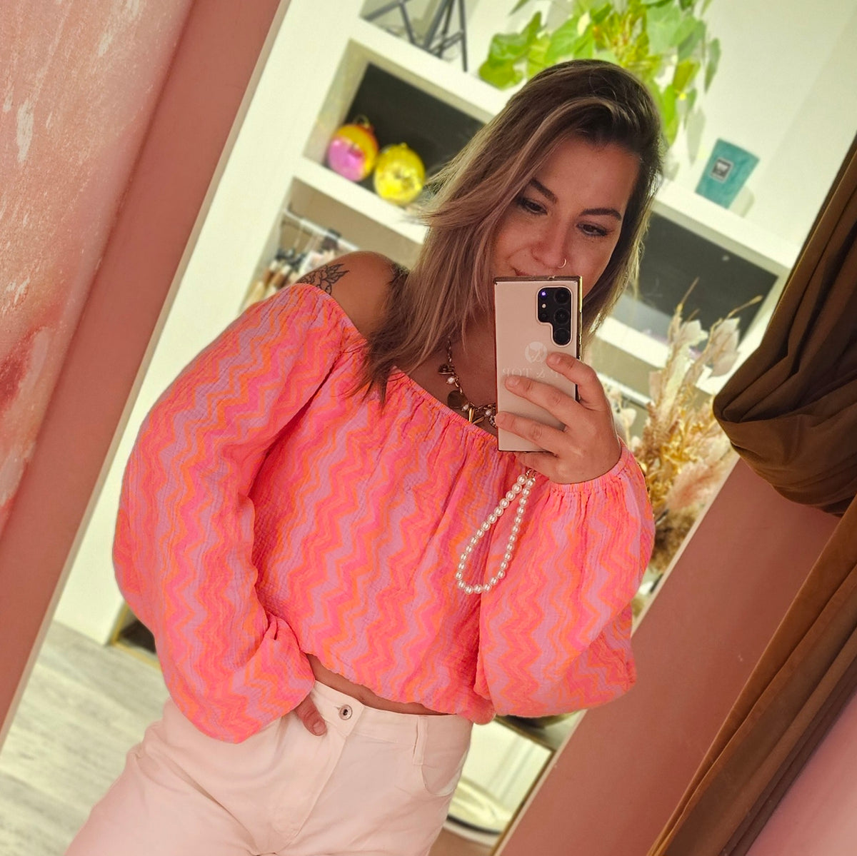 Mousseline off shoulder top 8424 Oranje