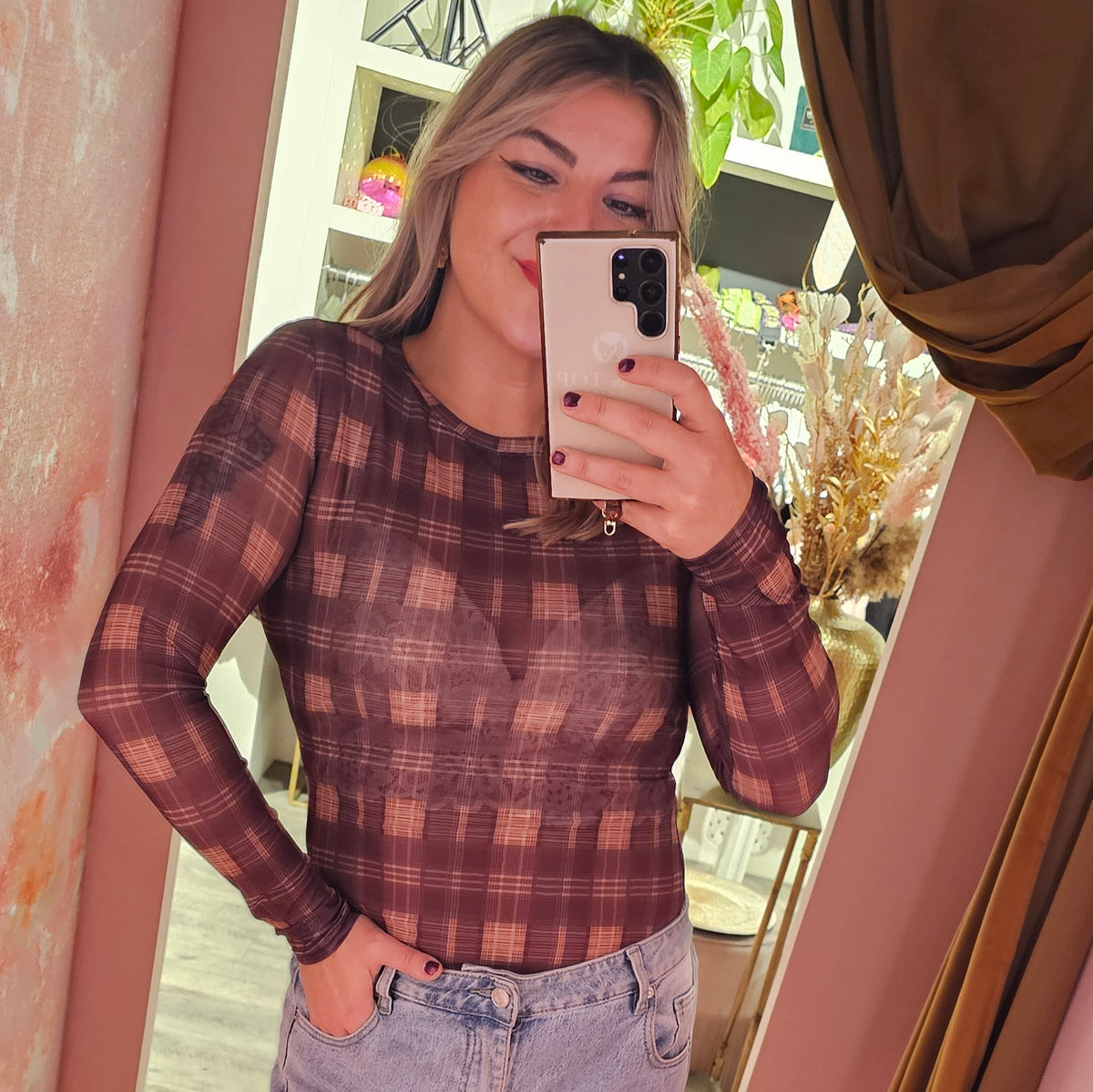 Meshtop geruit 62005 Bruin