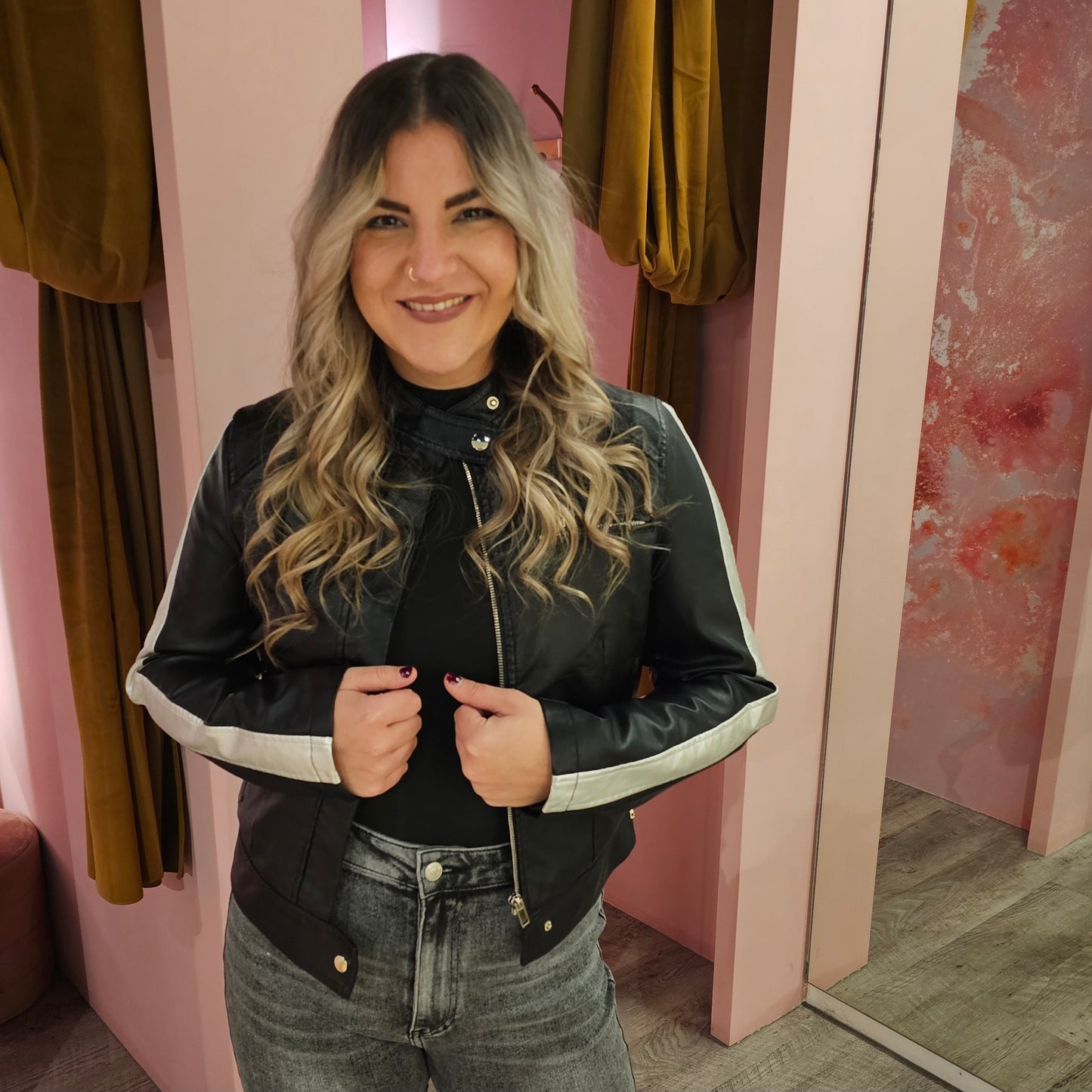 Biker jacket PU metallic  3001 Zwart
