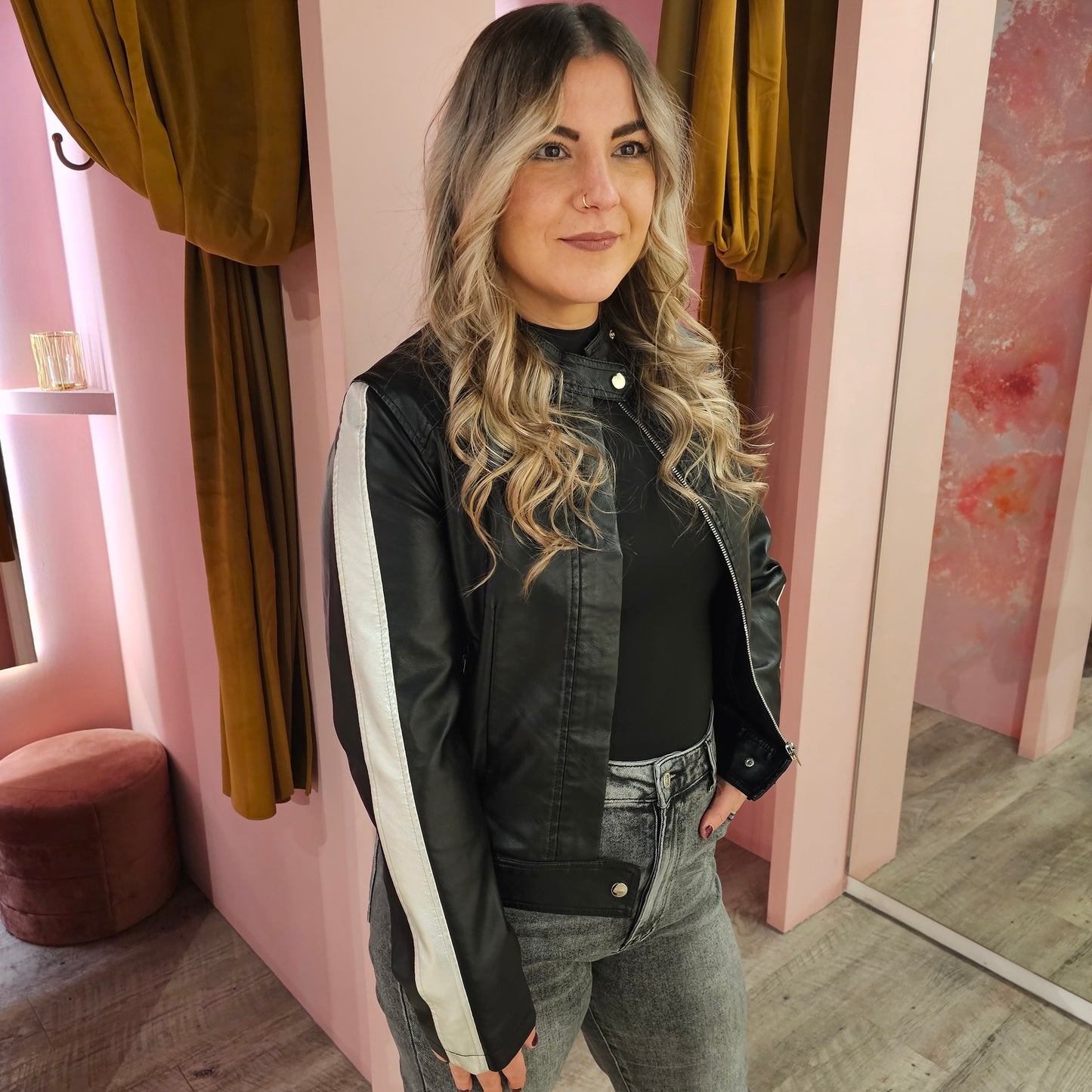 Biker jacket PU metallic  3001 Zwart