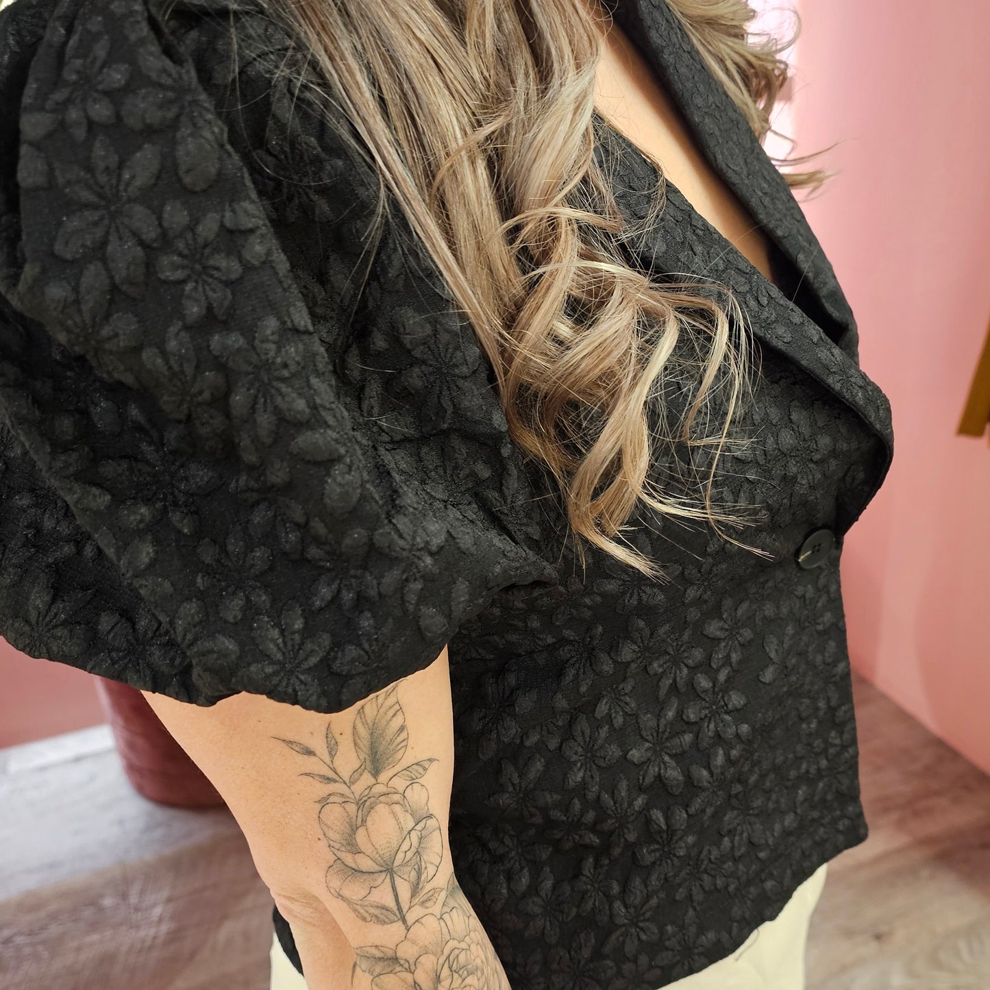 Crop blazer flowers 8808 Zwart