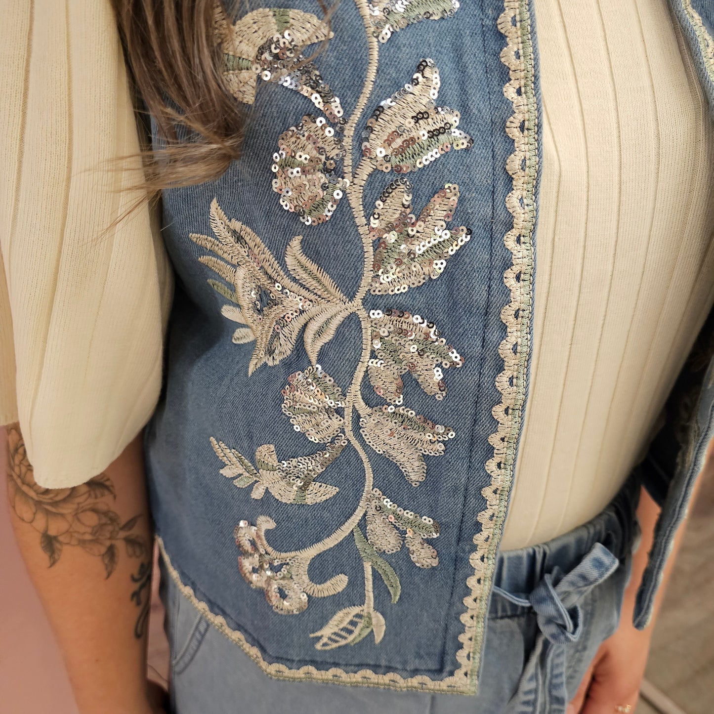 Denim gilet pailletten 552 Blauw