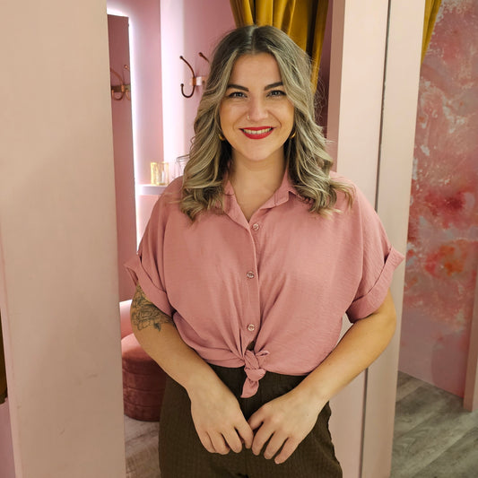 Blouse knoop korte mouw 15222 Oud roze
