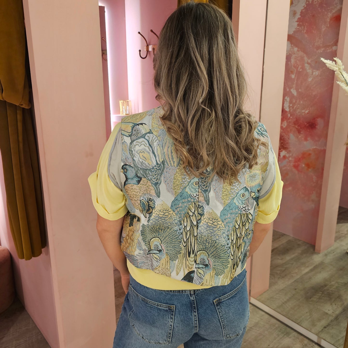Jacquard bird gilet 082-2 Blauw