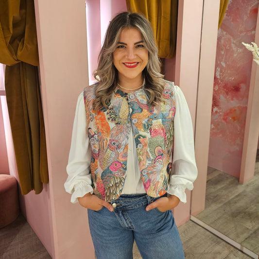 Jacquard bird gilet 082-2 Roze