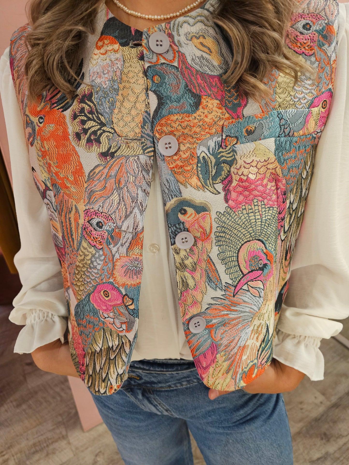 Jacquard bird gilet 082-2 Roze