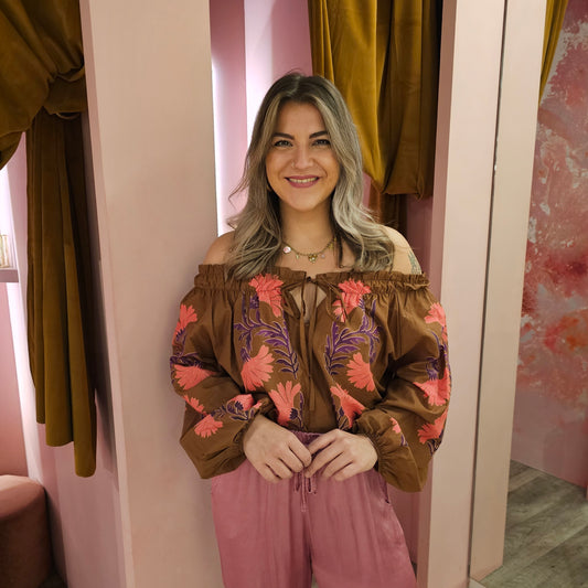 Puffy flower blouse 51891 Bruin