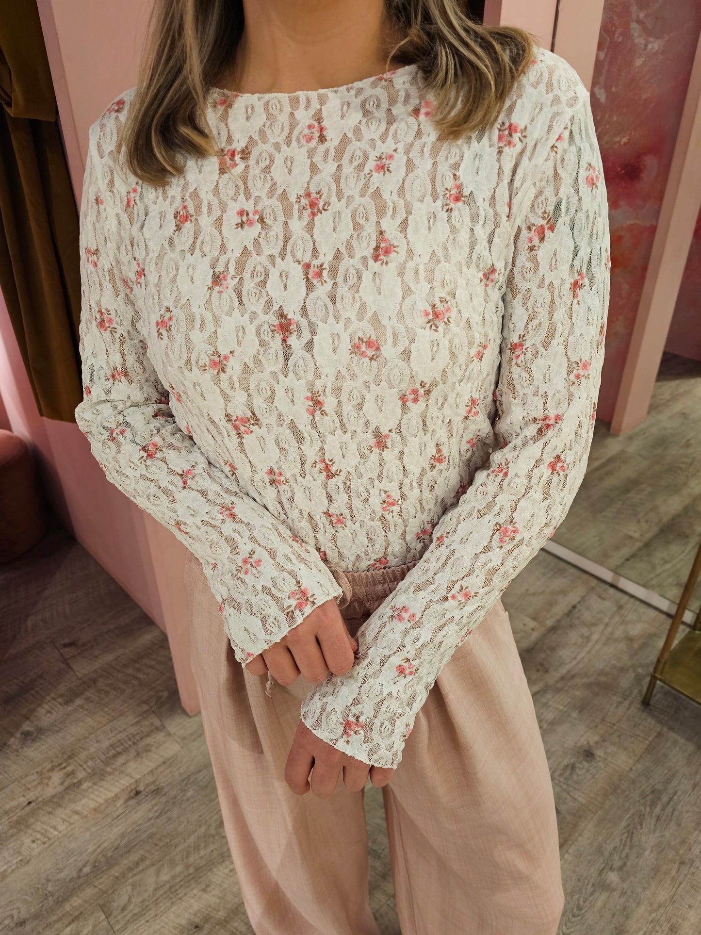 Kanten top bloemen 58865 Roze