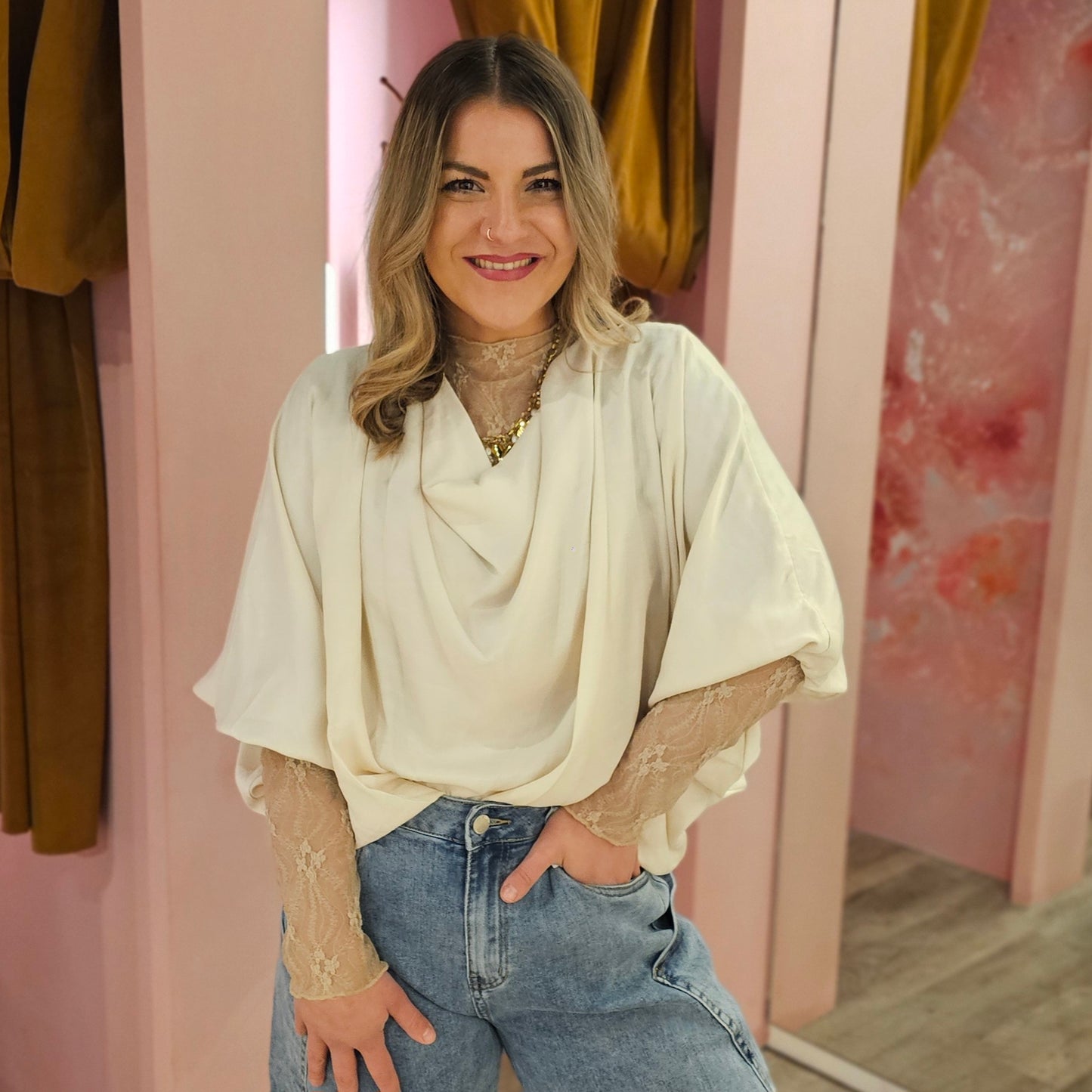 Blouse watervalhals 18227 Beige