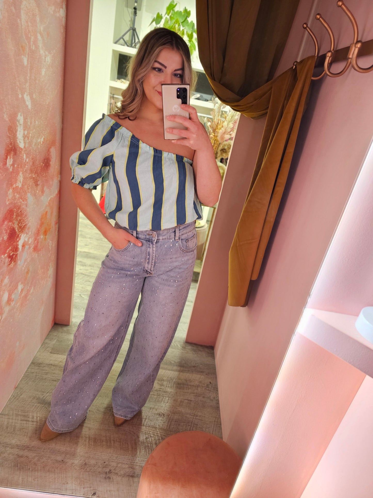 One shoulder ballontop 12256 Blauw