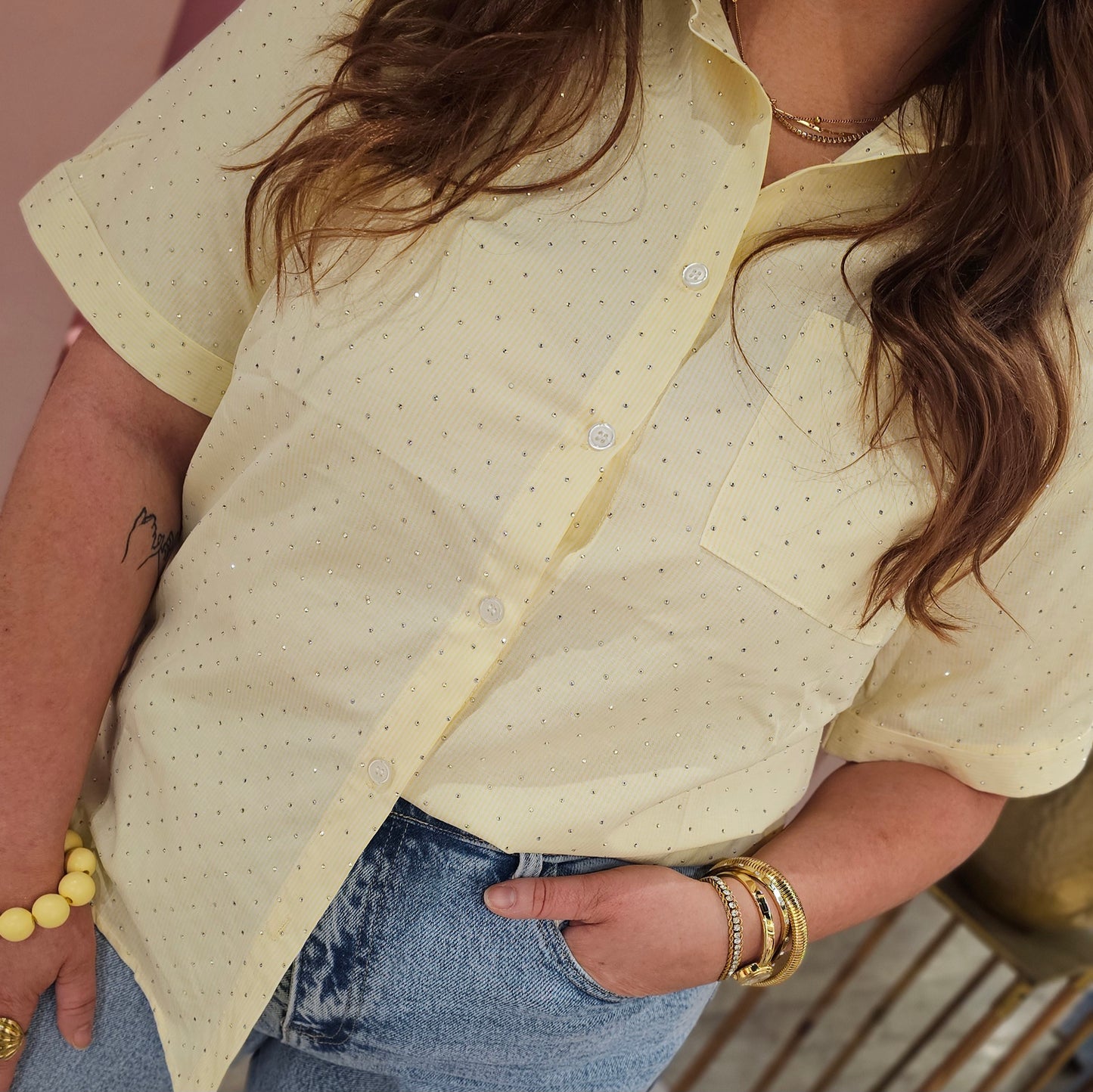 Strassblouse korte mouw 15495 Geel