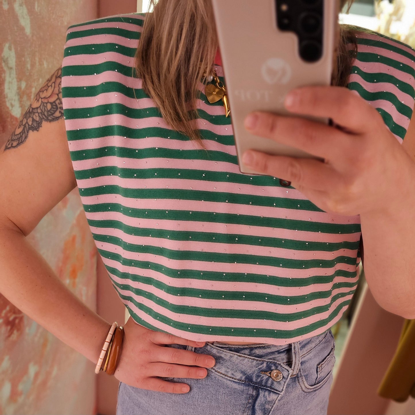 Strass top schoudervulling 52501 Groen
