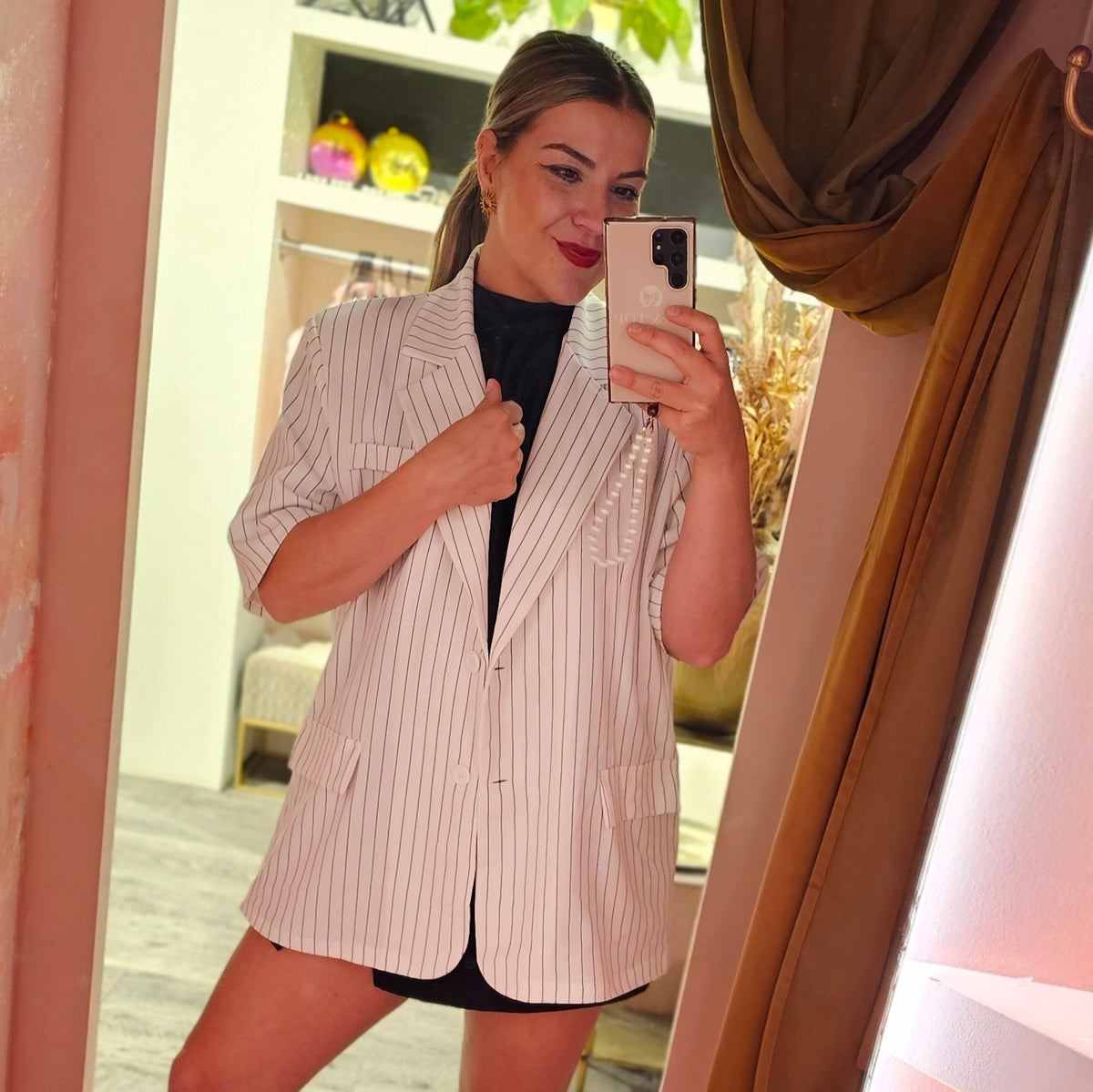 Krijtstreep blazer korte mouw 26130 Wit