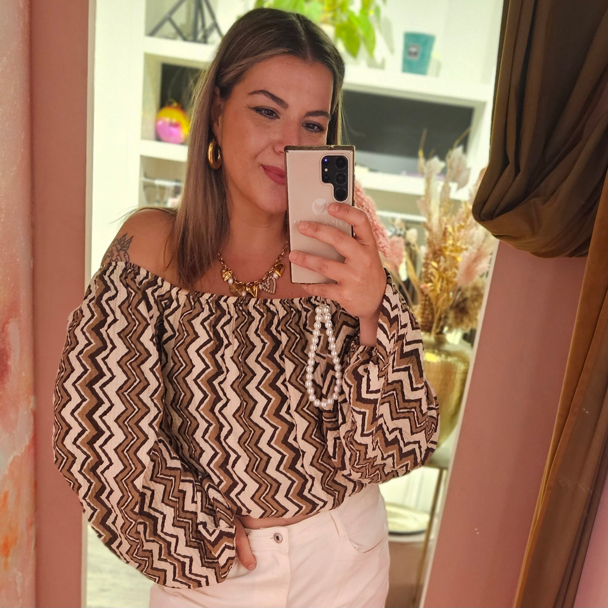 Mousseline off shoulder top 8424 Bruin