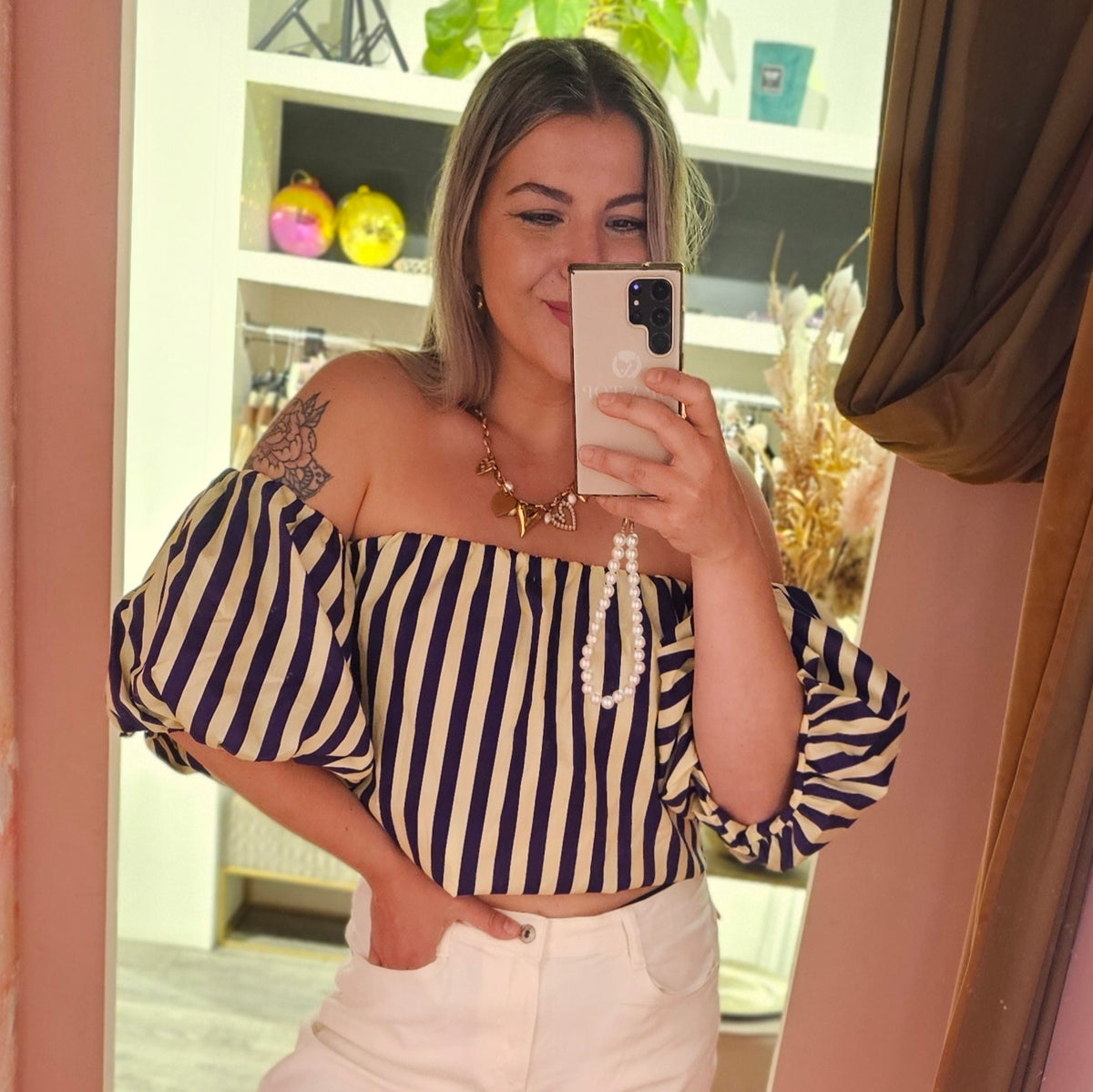 Off shoulder top stripes 1562-1 Geel