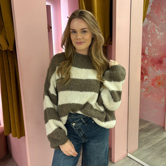 Oversized knit stripes 300993 Taupe