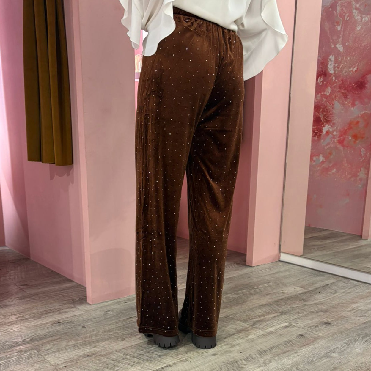 Velvet glitter wide leg 250156 Bruin