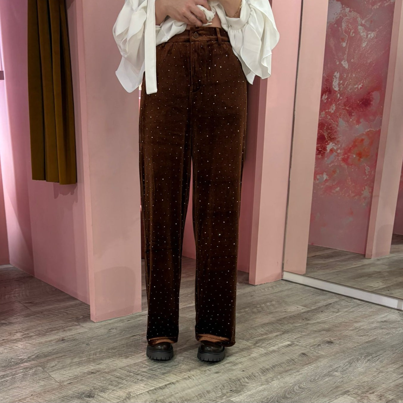 Velvet glitter wide leg 250156 Bruin