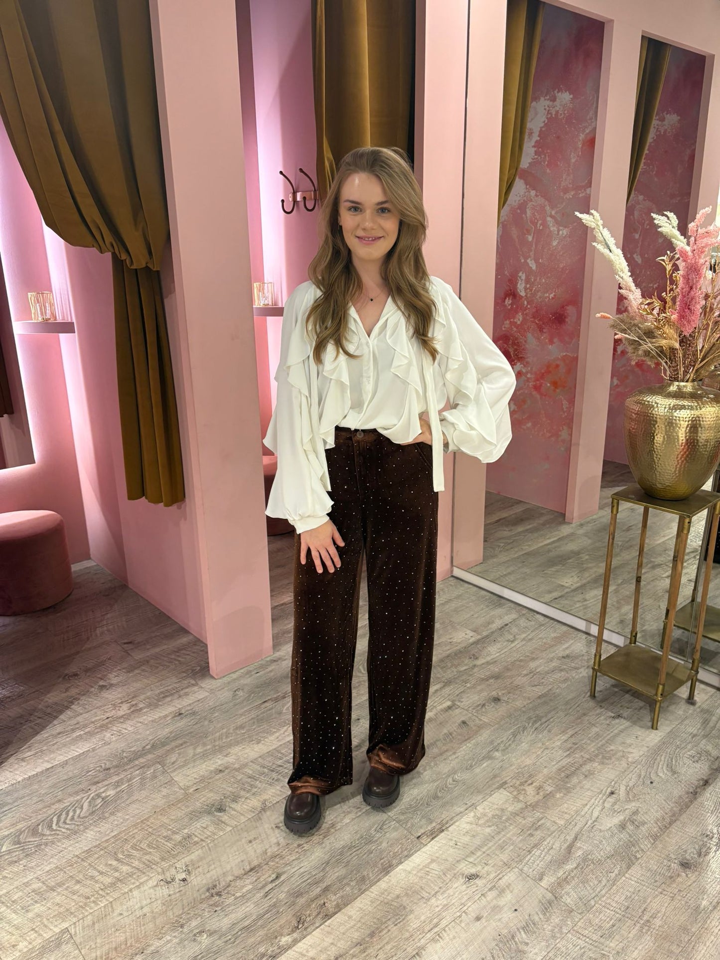 Velvet glitter wide leg 250156 Bruin