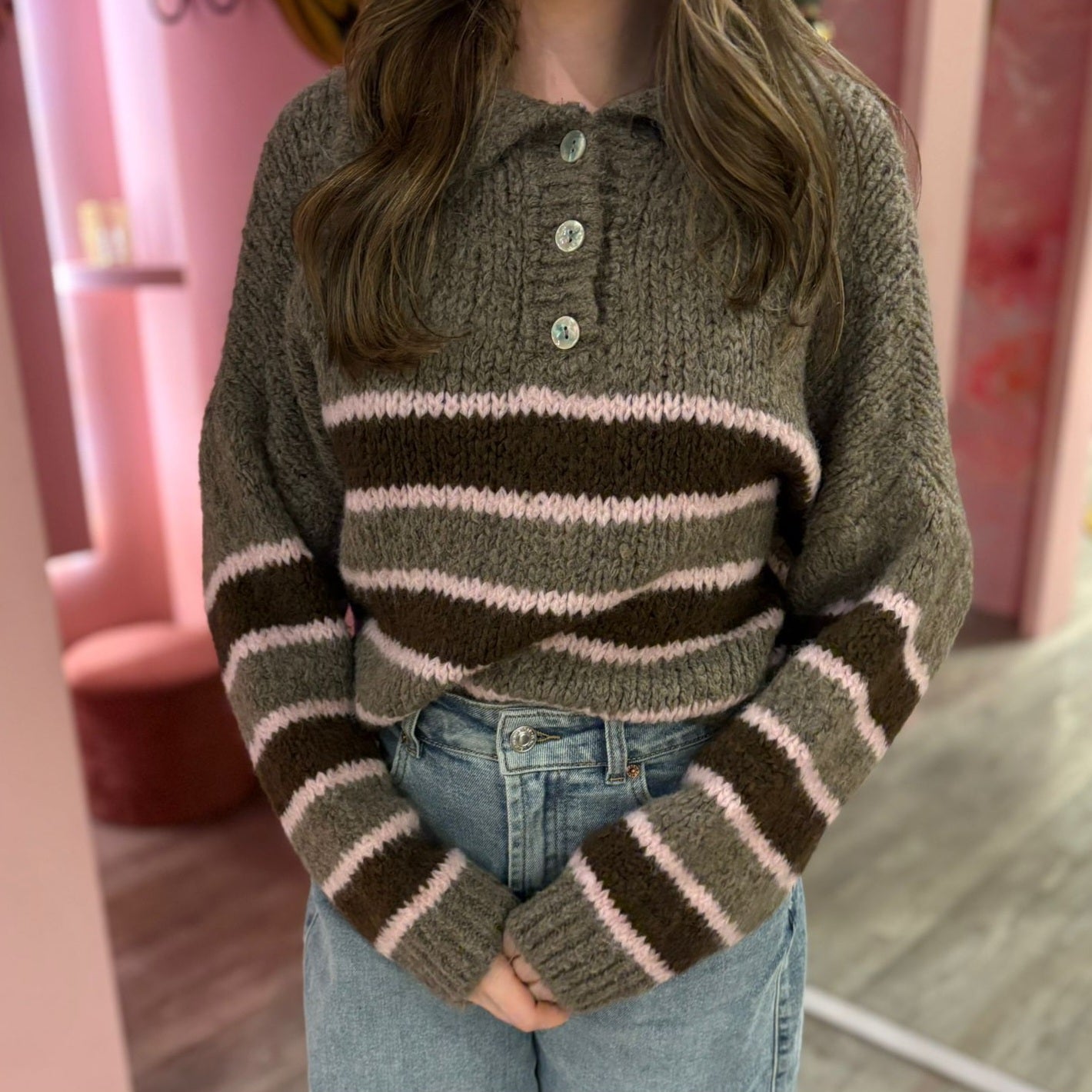 Polo sweater stripes 51217 Taupe