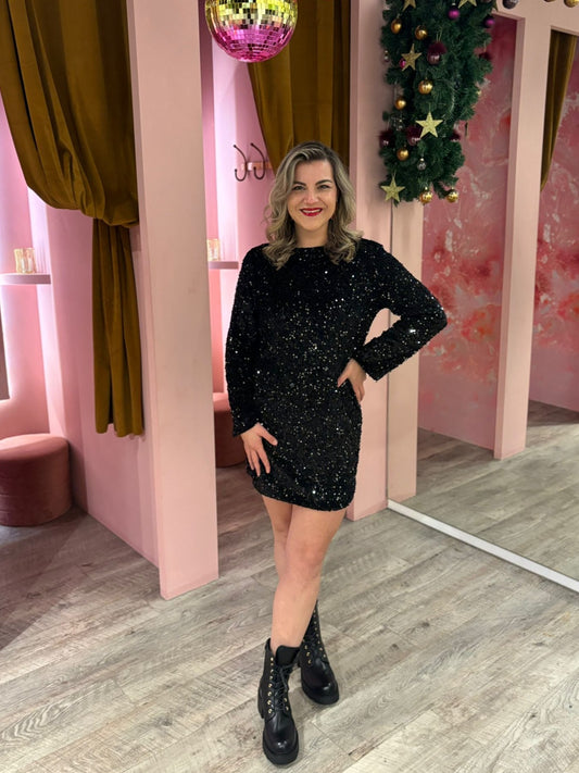 velvet sequin A dress 240122 Zwart