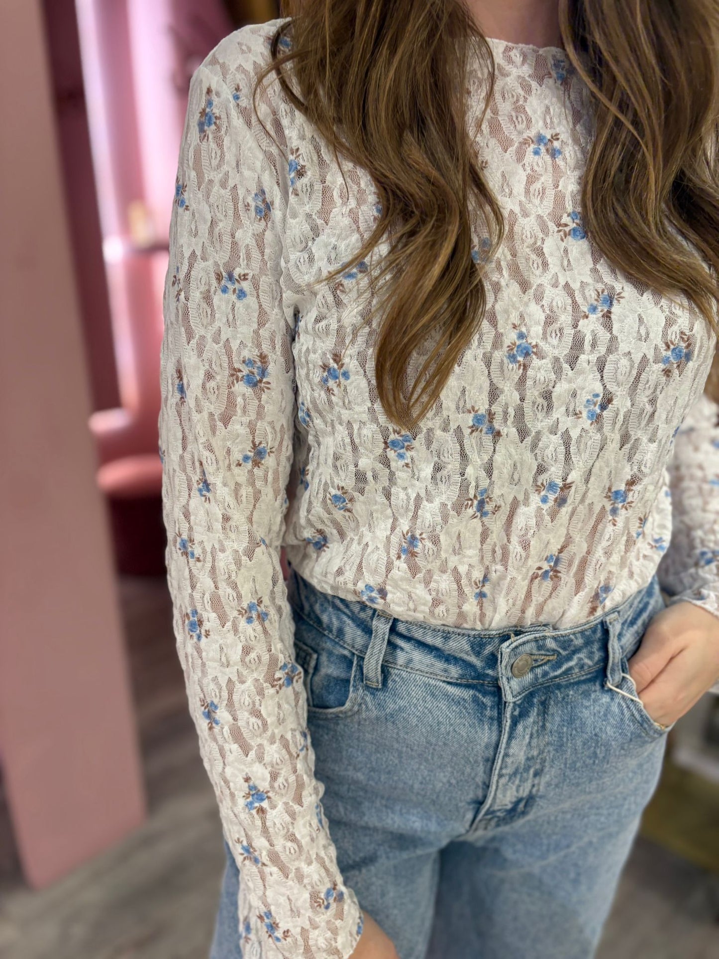 Kanten top bloemen 58865 babyblauw