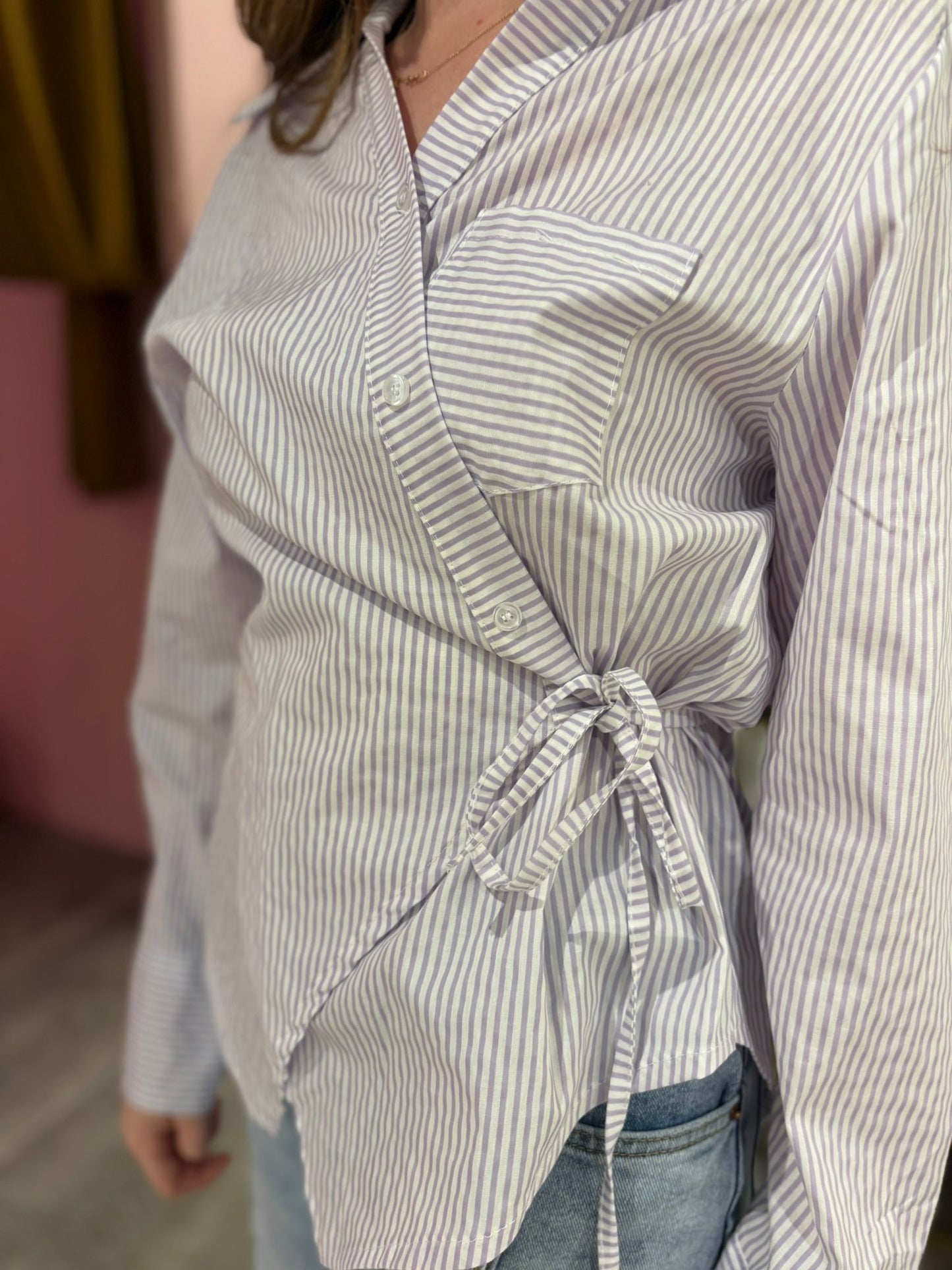 Gestreepte strikblouse 1668 Lila